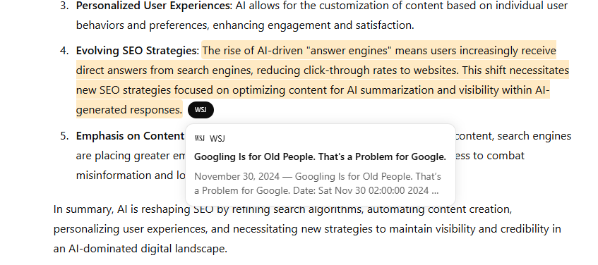 Screenshot of ontextual pop links shown in AI answer engine response.