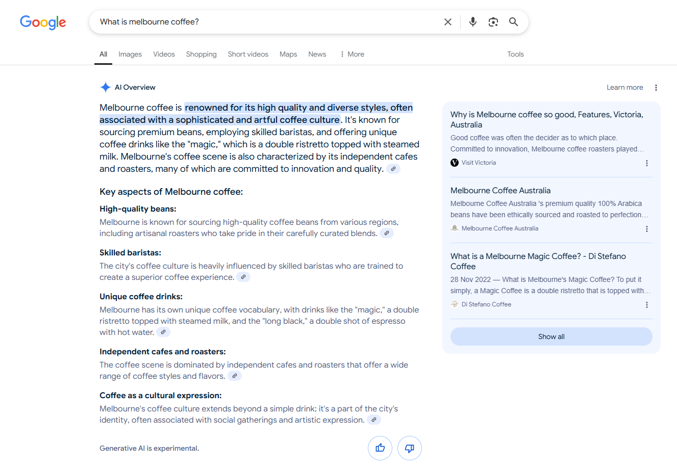 coffee melb-3 Screenshot comparing traditional Google search results and an AI-generated answer for “best coffee Melbourne,” illustrating the shift from keyword-based listings to conversational, intent-driven responses in generative AI search.