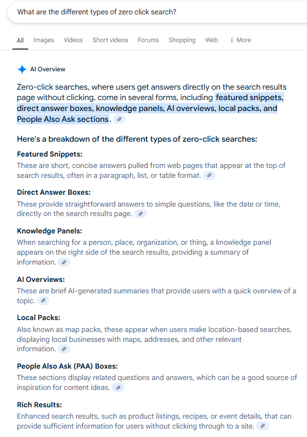 zero click search Google search results screenshot showing zero-click features like featured snippets, direct answers, and knowledge panels, illustrating how AI engines answer queries directly on the results page.
