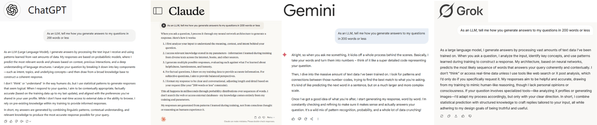 Answer engine questions (1) Side-by-side screenshots of ChatGPT, Claude, Gemini, and Grok explaining how their large language models generate answers by modelling meaning, context, and intent, rather than simply retrieving facts.