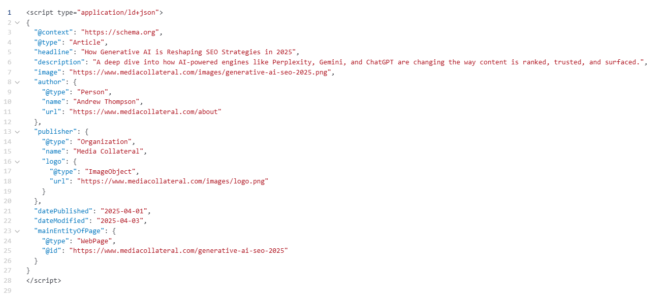 schema Example of WebPage and Article schema markup in JSON-LD format, showing structured data for a generative AI SEO article on Media Collateral, including author, publisher, logo, and publication metadata.