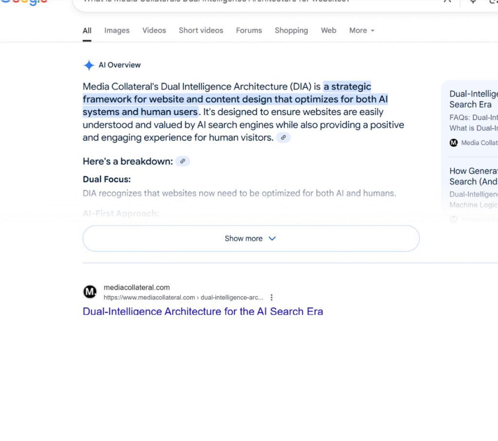 Untitled design (10) A Google AI Overview response detailing the method behind Dual-Intelligence Architecture (DIA)