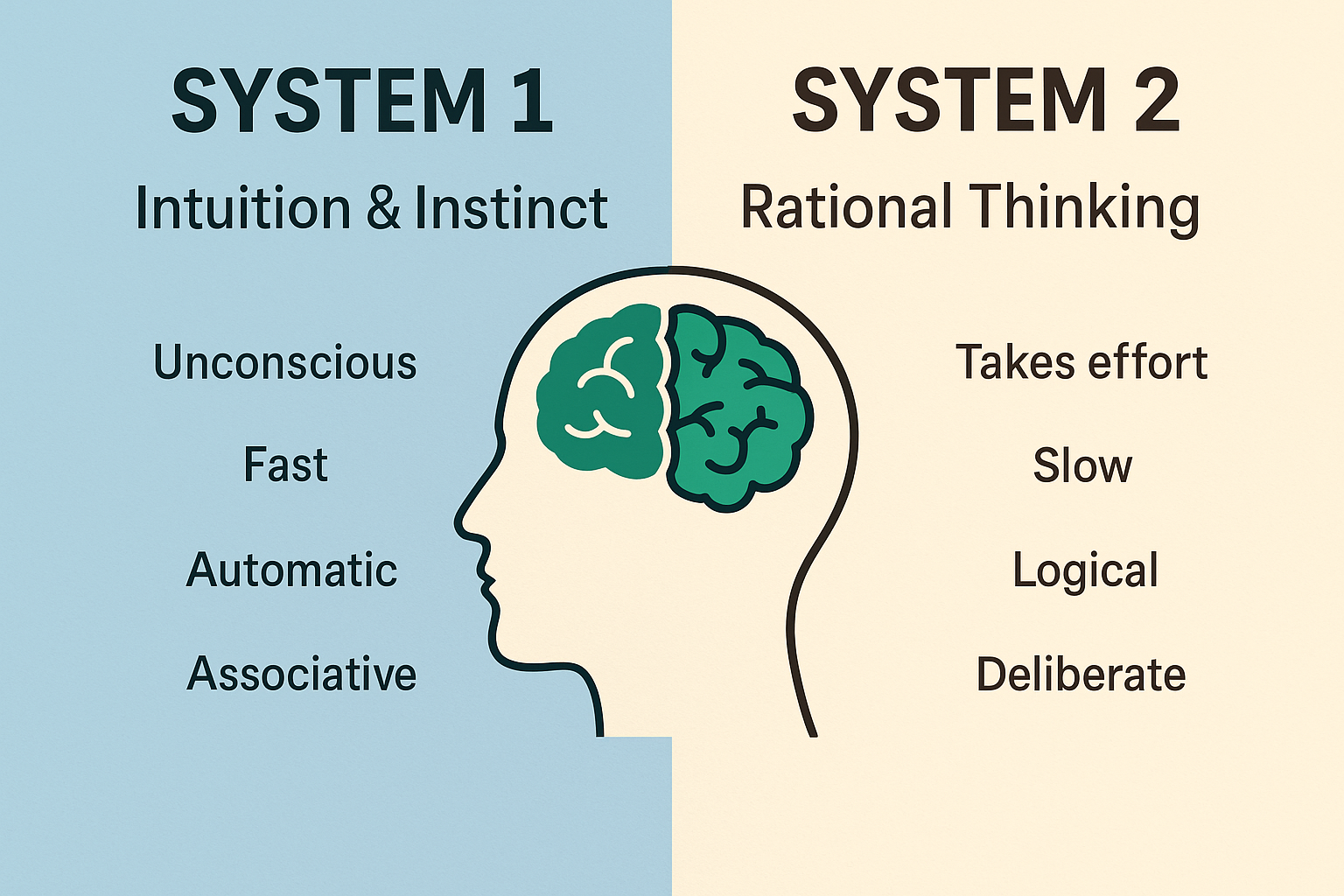 Applying Daniel Kahneman’s System 1 vs System 2: AI search pre-loads the heavy System 2 work, so users arrive in fast, intuitive System 1 mode – primed to trust, act, and convert