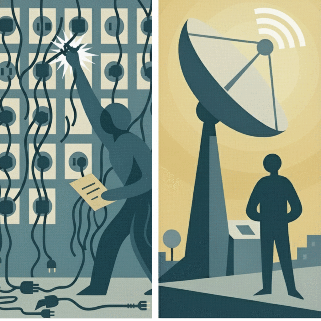 A visual metaphor for AI content strategy. The reactive 'prompt-plugging' (left) is a complex, tactical scramble, like trying to plug a single wire into a chaotic switchboard. The proactive 'agenda-setting' (right) is about building a single, authoritative source that clearly defines and broadcasts its signal