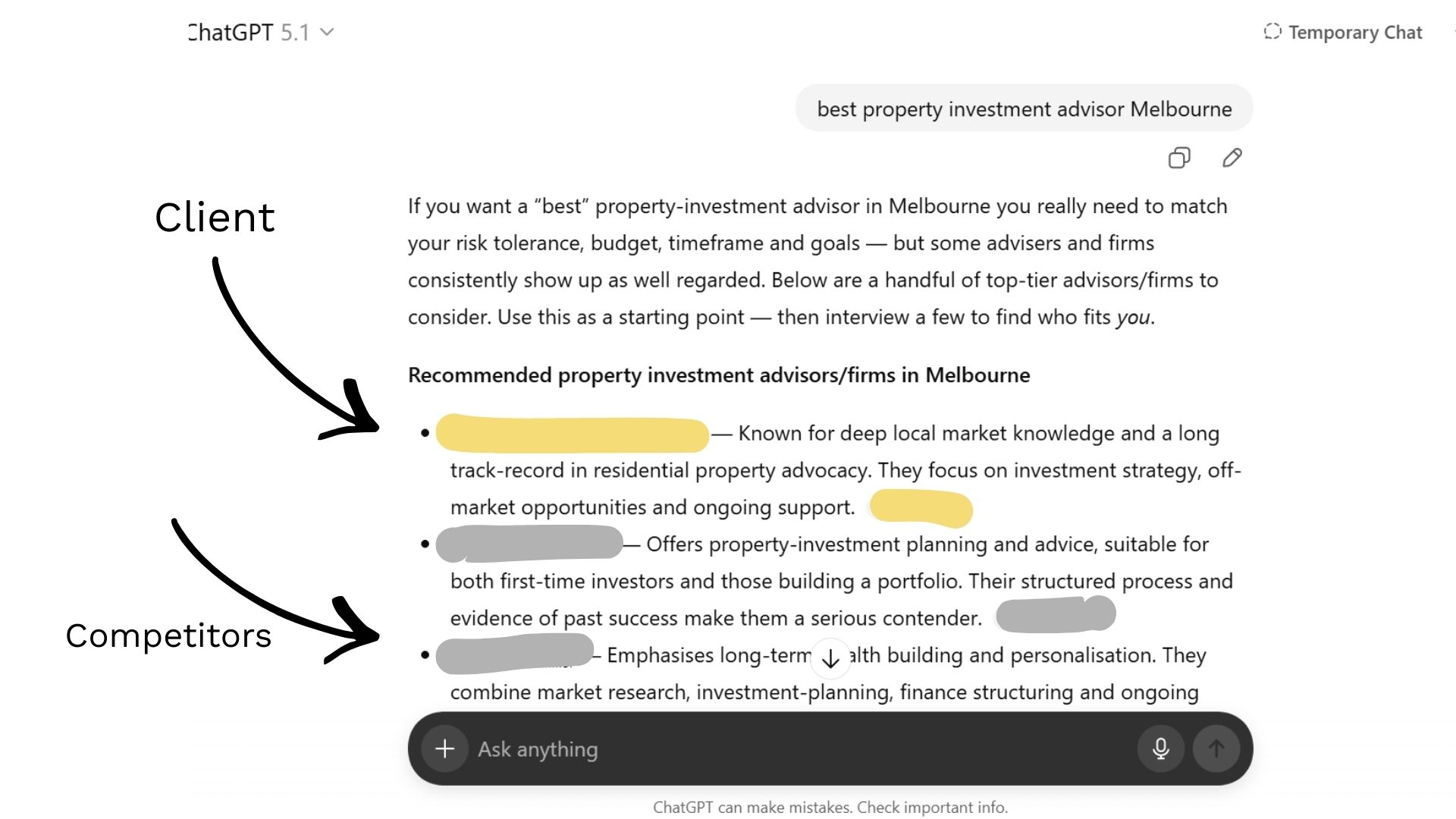 ChatGPT response to 'best property investment advisor Melbourne' query showing the client as the recommended answer