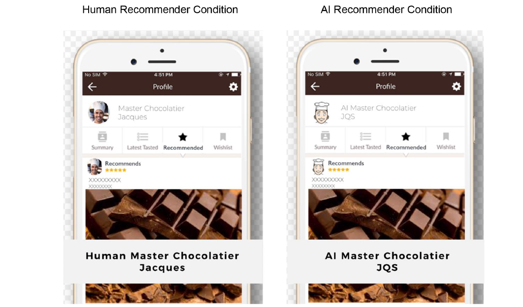 Side-by-side screenshots of a chocolate recommendation app from the study. One version is powered by a human master chocolatier, the other by an AI master chocolatier, with identical interfaces and product databases.